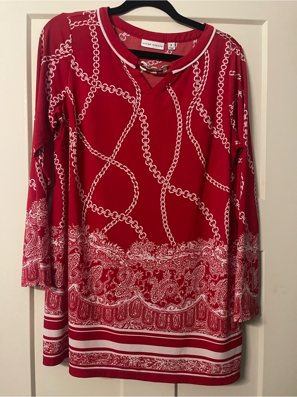 Susan Graver Liquid Knot Red Chain & Paisley Border Long Sleeve Tunic